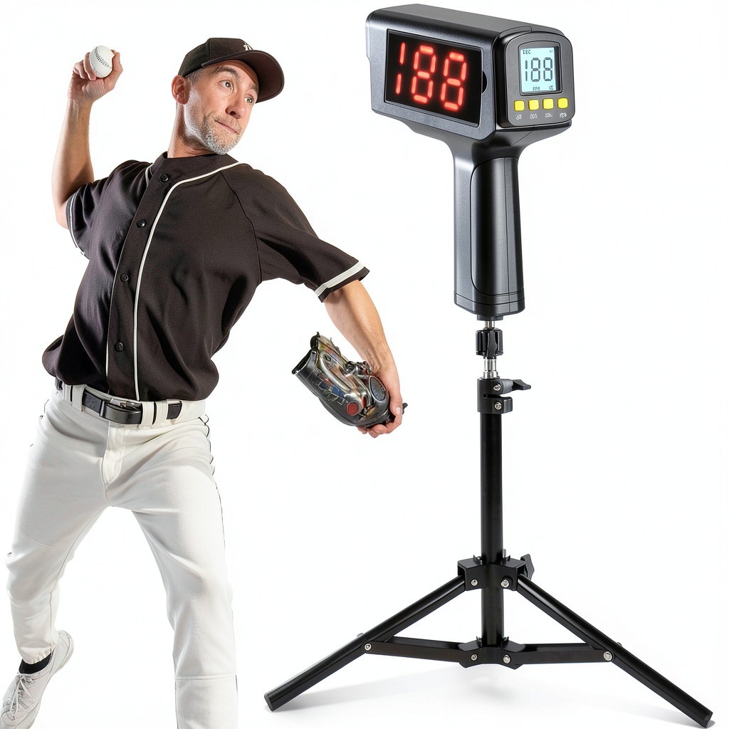 WEEPALM Baseball Speed Radar Gun Aluminum Dark Grey being used on a baseball field measuring pitch speed