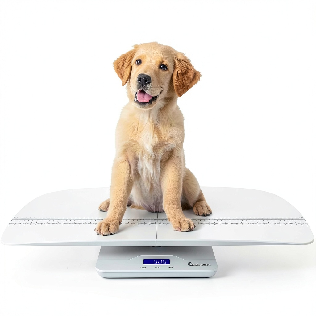 Adamson A50 pet scale on a wooden floor with a dog standing on it